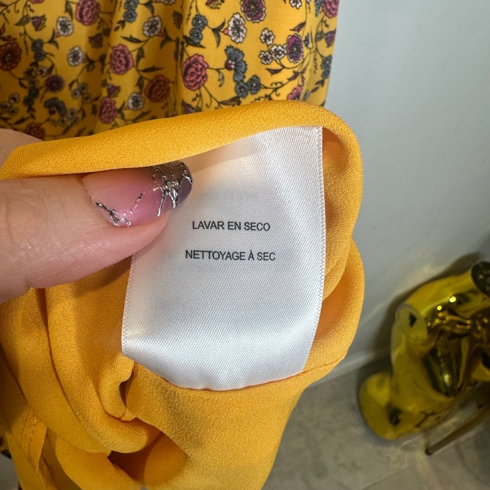 Donna Morgan Yellow Floral Midi Dress Velvet Tie Neck Ruffle Flutter Sleeve 4 - Picture 9 of 9